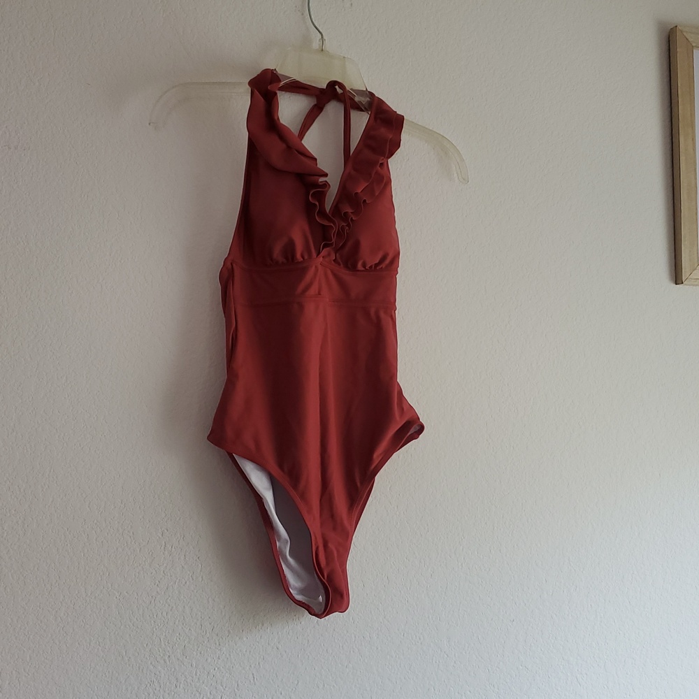 Cupshe Rust Red Halter One-Piece Swimsuit with Ruffle